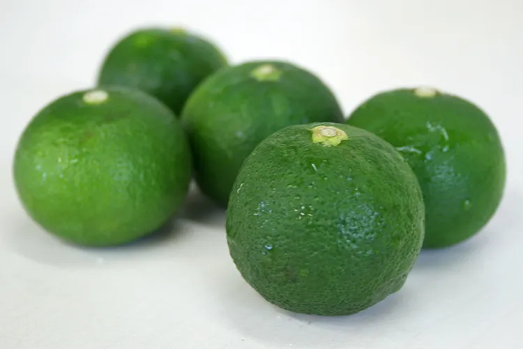 机の上に置かれた瑞々しいすだち5粒のアップ